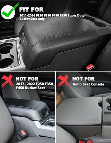 Center Console Armrest Cover for 2011-2016 Ford F250 F350 F450 Super Duty Accessories, Vinyl Leather Middle Armrest Cusion Protector, Anti-Scratch, Bucket Seat Only, Black Red Stitching - size: Bucket Seat, 11-16 F250-F450, red stitch