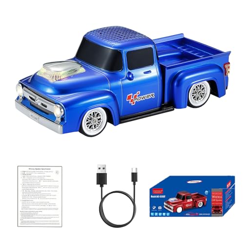 WSTER WS-538 Retro Pickup Truck Bluetooth Replica Speaker – Portable Wireless Car Model Speaker with FM, TWS, LED Party Lights, USB/TF Playback, Built-in Microphone, Type-C, Surprise Gift(Blue) - color: Blue