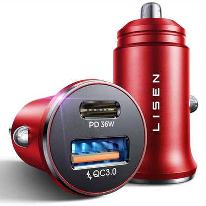 LISEN 2-Pack USB C Car Charger Adapter Fast Charge, 48W All Metal Cigarette Lighter USB Charger for iPhone 15 Smallest Flush Car Charger USB C for iPhone 14 Pro Max 13 12 Galaxy S23/22 iPad Pro-Red