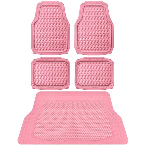 CAR PASS Heavy Duty Rubber Pink Car Floor Mats & Cargo Liners, Deep Dish All-Weather Trunk Mats Durable Anti-Slip 3D Rhombus Waterproof Trim to Fit Liner Universal Fit Auto,Sedan,SUV,Truck, Pink - color: pink with cargo liner