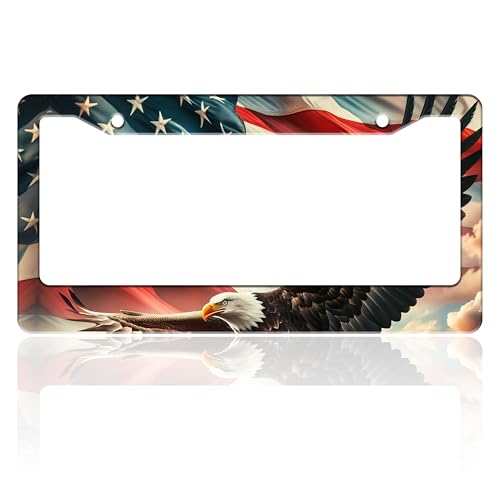 American Flag Eagle License Plate Frame Patriotic Stainless Steel License Plate Holder for Front or Rear Car Tags Funny for Car Decoration Accessories with Screws 6.3 X 12.2 in for Women Men - color: American Flag Eagle