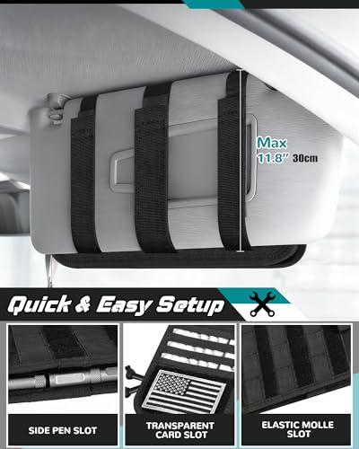 Molle Car Sun Visor Organizer, Heavy Duty Tactical Car Sun Visor Organizer with Large Zipper Pocket & Sunglasses Holder, Semi-Rigid Molle Visor Storage Pouch,Fit Most Cars, Trucks, and SUVs