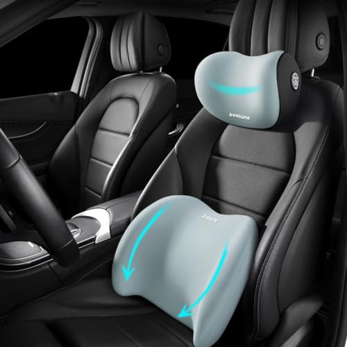 Car Lumbar Support Pillow and Car Neck Pillow Kit, Ergonomic Car Seat Headrest & Lumbar Cushion with Adjustable Strap for Neck Back Pain Relief, For Office Chair/Truck/Wheelchair (Light green) - color: Light Green