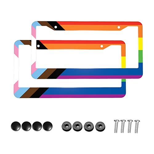 Progress Pride Rainbow LGBT Flag License Plate Frames with Screw Caps,2 Pack 2 Holes Aluminum License Plate Cover Holders for Front and Rear Car Tags. - color: Style2
