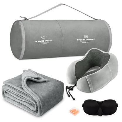 urnexttour Travel Pillow and Blanket Set Neck Pillows Travel Essentials with Sleep Mask for Airplane Car Memory Foam Grey - color: A-grey