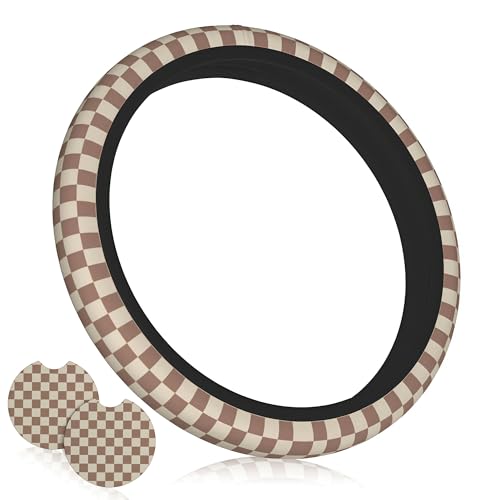 Checkered Brown Steering Wheel Cover - Universal 14-15 Inch Anti-Slip Breathable with 2 Pcs Car Coasters Suitable Men Women Checkered Car Wheel Cover Accessories - color: Checkered K