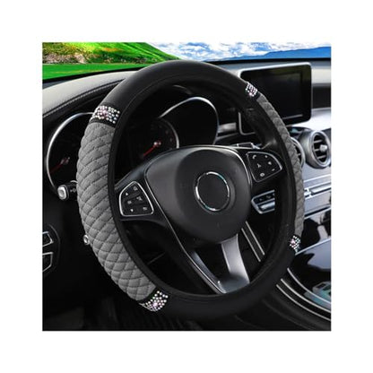 Osilly Bling Car Steering Wheel Cover, 15 Inch Rhinestones Soft Leather Elastic Steering Wheel Protector, Sparkly Crystal Diamond for Women Girls (Gray) - color: Gray