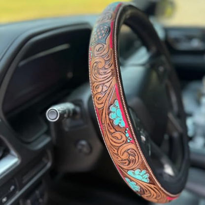 Western Cowboy Steering Wheel Cover Leather, Retro Car Tooled Leather Steering Wheel Cover, Embossed Hand-Painted Universal Anti-Slip - color: F Color