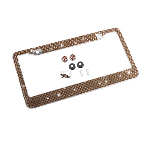 YALOK Bling Car License Plate Frame, Sparkly Rhinestone Stainless Steel License Plate Cover/Holder, Universal for Most Cars, SUVs, Vehicles with Screw Set, Auto Accessories for Women (Coffee) - color: Coffee, size: 1PCS