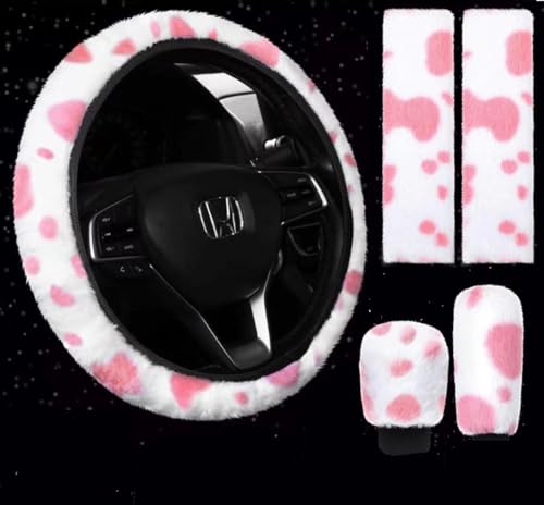 Pinbola 5pcs in 1 Set Faux Wool Steering Wheel Cover Soft Fluffy Handbrake Cover & Gear Shift Cover & 2pcs Seat Belt Shoulder Pads Warm Universal Fit for 15 Inch (Cow Pink) - color: Cow Pink