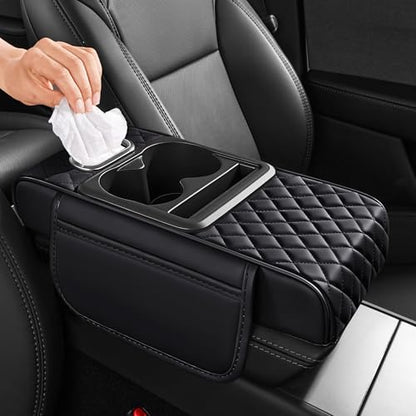 5 in 1 Car Center Console Cover, Armrest Pad with 2 Storage Pockets, Cup Holder, Tissue Box Slot, Phone Holder, Universal Car Interior Organizer (Black) - color: Black