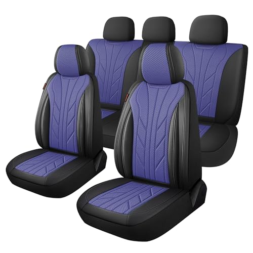 CAROMOP Luxury Faux Leather&Fabric Car Seat Covers Full Set with Breathable 3D Foam Back Support,Universal Comfortable Seat Covers for Cars,Trucks,SUVs, Front Armrests Compatible(5-Seat Black/Blue) - color: Black/Blue, size: Full Set