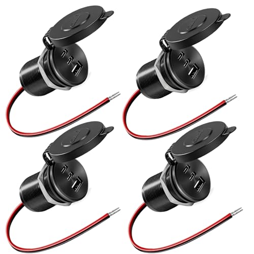 4PCS Aluminum Alloy 12V/24V RV USB Outlet 90W 3 Charging Ports, GIBBAB 2 36W PD3.0 Type-C+18W QC3.0 Fast Charging Socket, Waterproof Cover Recessed Mount Car Charger Cigarette Lighter Replacement Boat - color: Black-Cover, size: 4P