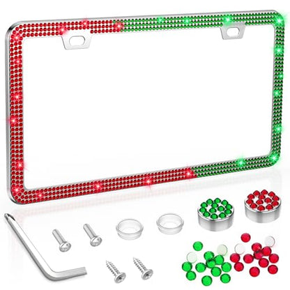 SHARE&CARE Bling License Plate Frame, Crystal License Plate Cover, Car License Plate Holder with Rhinestone Screw Set, Women Gift for Mom, Wife, Her - 1 Pack (Green+Red) - color: Green+Red
