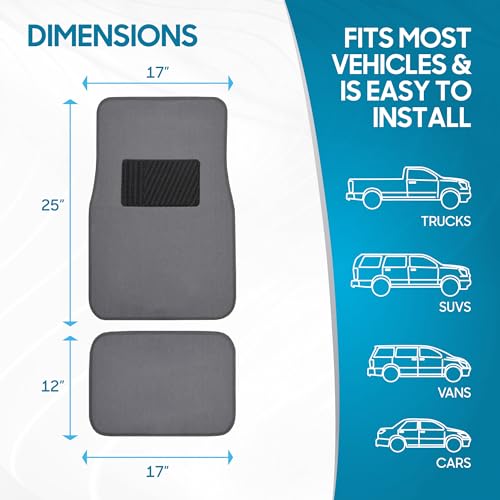 BDK Premium Medium Gray Carpet Floor Mats for Cars - Universal Fit Interior 4-Piece Car Mats Full Set with Vinyl Heel Pad Protector - Cute Car Accessories Interior Floor Covers for SUVs & Trucks