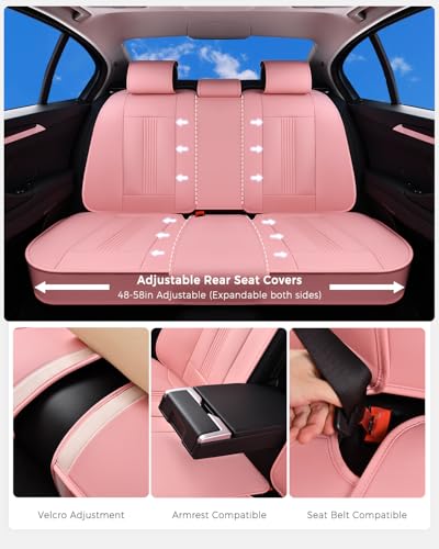 Huidasource Pink Rear Seat Covers, Nappa Leather Back Seat Covers with Ventilation Holes, Velcro Adjustable, Compatible with Seat Belts, Child Safety Seats, fit for Most Cars SUV Truck, Pink - color: R# Pink, size: Back Seat Cover