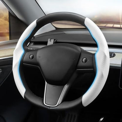 Shademax Custom for Tesla Steering Wheel Cover, Tesla Model Y 2020-2025/ Model Y Juniper 2026/ Model 3 2017-2025 2026 (Fit Model 3 Highland) Carbon Fiber Steering Wheel Cover Model Y/3 Accessories - color: A-White (Carbon Fiber )