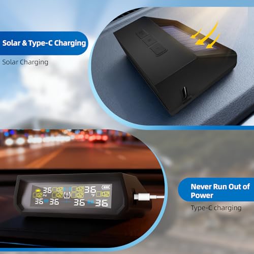 Tire Pressure Monitoring System TPMS, Solar Charge Tire Pressure Monitor with 4 External Sensors & 6 Alarm Modes, 0-99 PSI, Real-time Wireless TPMS for Car Sedan SUV Pickup - with 4 Tire Valve Caps