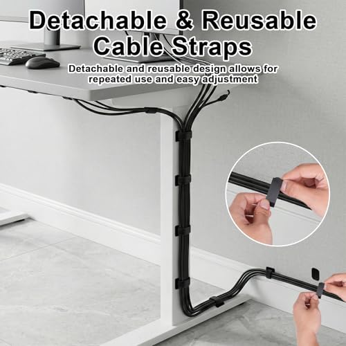 Under Desk Cable Management, Self-Adhesive Hook and Loop Straps, Adjustable Reusable Wire Organizer for Home Office Essentials (20 Pairs) - color: Black
