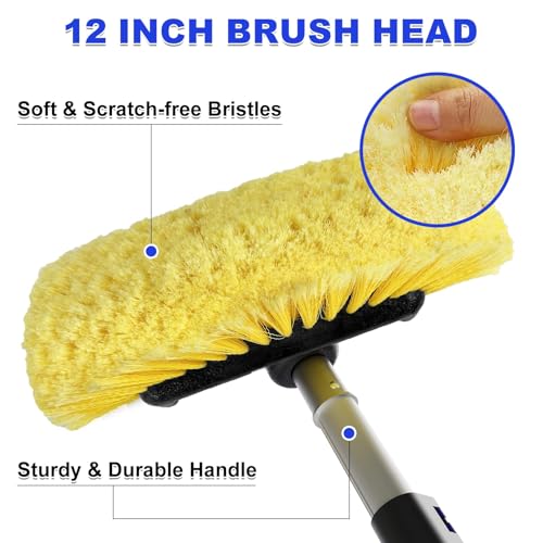 Buyplus 26FT Reach Car Wash Brush with Long Handle, 12-Inch Soft Bristle Head, Truck Wash Brush with 5-20FT Telescoping Pole, Car Washing Brush for Cleaning Car, SUV, RV, Boats, Solar Panels Blue