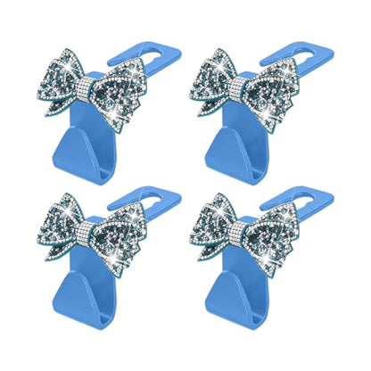 Zpana Bling Car Headreat Hook, 2PCS Crystal Rhinestone Cute Bow Vehicle Seat Back Hanger Storage for Purses Bags Grocery, Diamond Auto Rear Seat Organizer, Universal for SUV Truck Sedan (Light Blue) - style: Light Blue/4PCS
