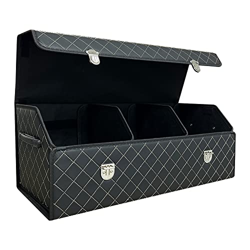 Car Trunk Organizer with Lid,Foldable Faux Leather Cargo Storage Box,3 Compartments,Collapsible Multi-Functional for SUV,Sedan,Vehicle Trunk - color: Black Grid, size: Large