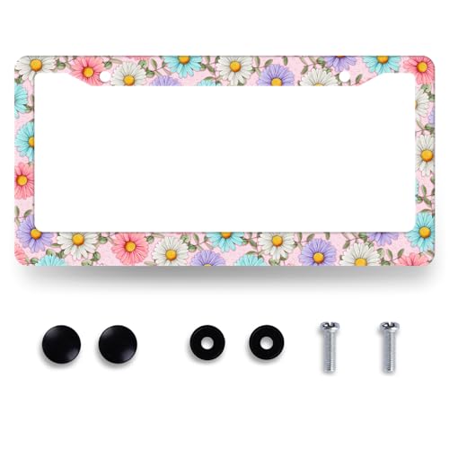 Pink Daisy Flowers License Plate Frame Floral License Plate Holder for Front and Rear Car Tags Stainless Steel Colorful License Plate Car Decoration with Screws 12.2" x 6.2" - color: Pink Daisy Flowers Floral Printed