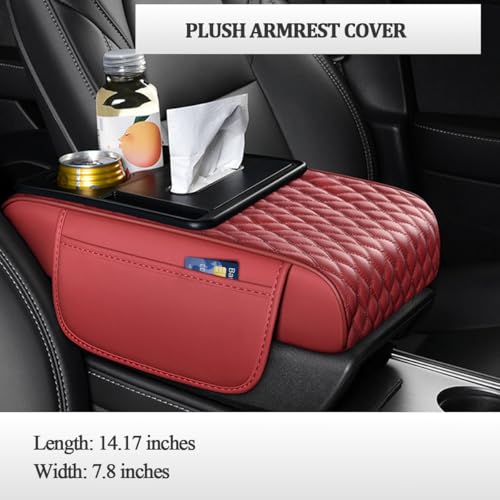 HZEL 5-in-1 Car Center Console Cover, Multifunctional Vehicle Armrest Box Mat with 2 Storage Bags Tissue Box Cup Holder Phone Slot, Automotive Arm Rest Cover, Universal Fit (Red) - color: Red