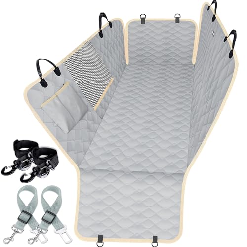 Lassie Dog Car Seat Covers for Back Seat with 2 Seat Belts, Waterproof Dog Car Hammock with Mesh Window Durable Scratch Proof Nonslip Pet Carseat Covers Universal Fit Protector for Cars, Trucks & SUVs - color: Gray, size: Standard