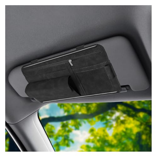 Car Sun Visor Organizer, Leather Multi-Pocket Glasses Card Holder with Zipper, Waterproof Scratch-Resistant Sunshade Storage Bag, Universal Auto Interior Accessory for Car/Truck/SUV (Black) - color: Black