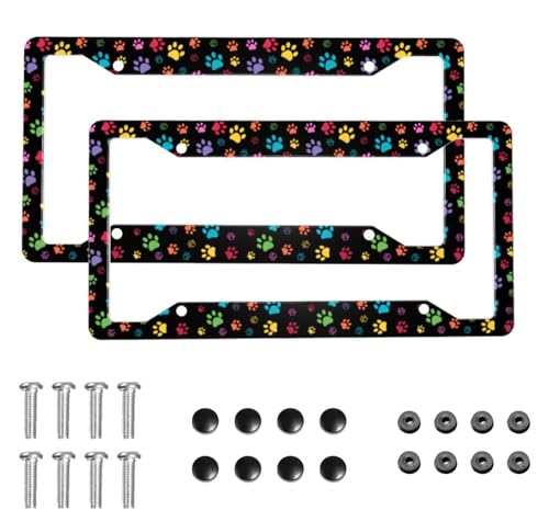 Colorful Paw Print License Plate Frame 2 Pack License Plate Holder Universal Aluminum License Plate Cover Car Accessories for Men Women - color: Colorful Paw Print