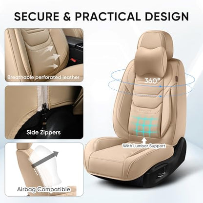 TIEHESYT Beige Car Seat Covers Full Set, Breathable Leather Automotive Front and Rear Seat Covers & Headrest, Automotive Seat Cover, Compatible with Most Cars Sedans SUV Pickup Trucks - color: Faddish Beige, size: Front Pair and Rear