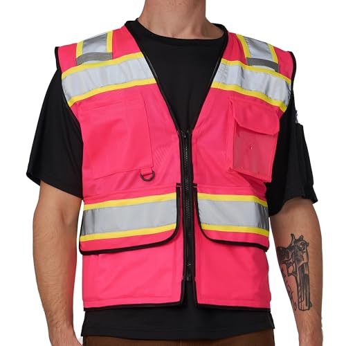 A-SAFETY High Vis Reflective Safety Vest for Men Women Zipper Ipad Pockets Mesh Construction Apparel Neon Vest for Work - color: Pink, size: X-Small