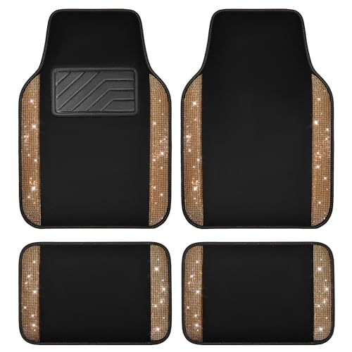 CAR PASS Bling Diamond Car Floor Mats, Shining Rhinestone Carpet Sparkly Glitter Crystal with Anti-Slip PVC Heel Pad Waterproof Universal Fit Automotive SUV,Sedan,Van,Cute Girl Women,4pcs Golden - color: Golden