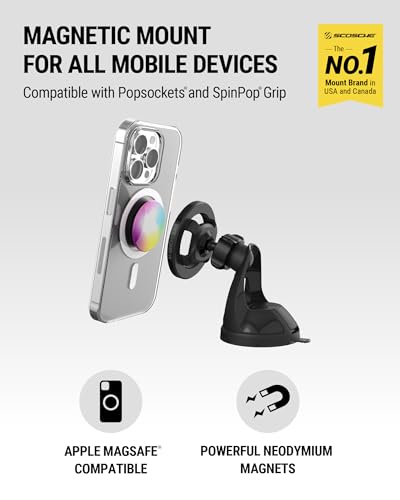 Scosche SMS2WD MagicMount MagSafe Suction Cup Phone Mount for Car Windshield/Dashboard Cell Phone Holder Compatible with Popsocket, Magnetic Stand Compatible with iPhone 17/16/15/14/13/12 & Android - size: 1 Pack, style: Window / Dash Suction
