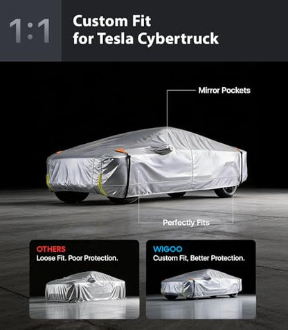 Wigoo Tesla Cybertruck Car Cover Accessories 2024-2026, Custom Fit Waterproof All Weather Outdoor Truck Cover, Windproof UV Rain Snow Dust Protection, Breathable Design, Paint-Safe Lining, Door Zipper - size: for Cybertruck (2024-2026)
