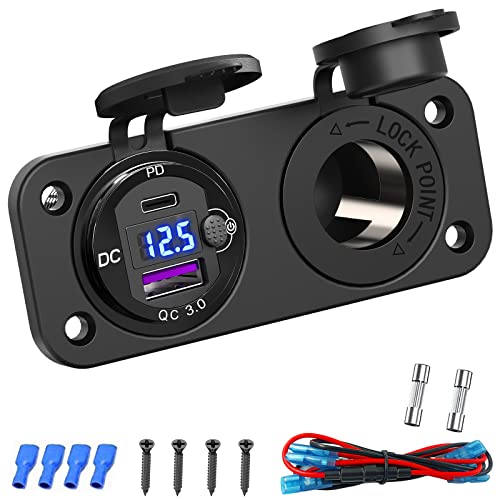 Cigarette Lighter Socket 12 Volt USB Outlet: PD 20W C and QC3.0 Car Port Aluminum Metal 12V Plug, 150W Charger Panel with Power Switch LED Voltmeter for Marine Boat RV Golf Cart - color: 2 in 1 - voltmeter
