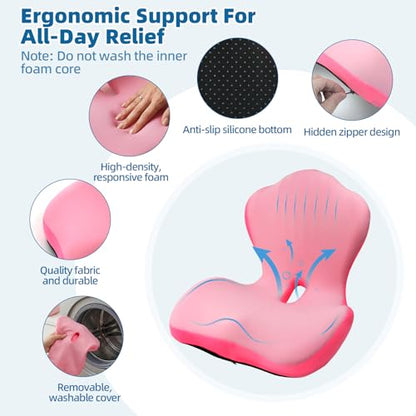 Office Chair Cushion with Back Support, Ergonomic Seat Cushion High Density Memory Foam with U-Shaped Raised Sides, Breathable Coccyx Relief for Better Posture, Office Chair, Car, Home (Pink) - color: Pink