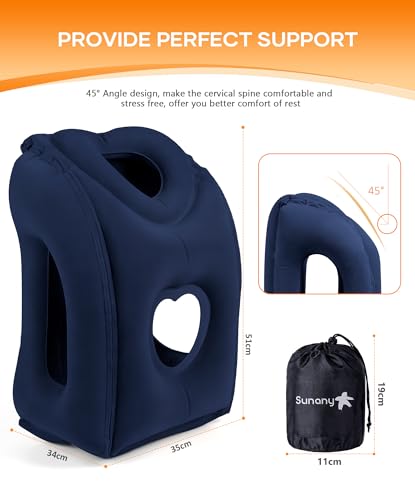 Sunany Travel Pillow, Upgraded Plane Pillow for Long Flights, Inflatable Neck Pillow Used for Airplanes,Cars,Buses,Trains,Office Napping with Eye Mask,Earplugs (Blue) - color: Blue (Head Heart-shape&sloping Base)