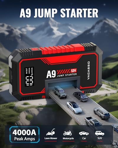 Jump Starter 4000A, VACASSO A9 Battery Jumper Starter Portable (7L Gas/4L Diesel), 12V Car Battery Booster Jump Starters Pack, Jumpstart with USB Ports, Jumper Cables, LED Light, Storage Case - color: Red