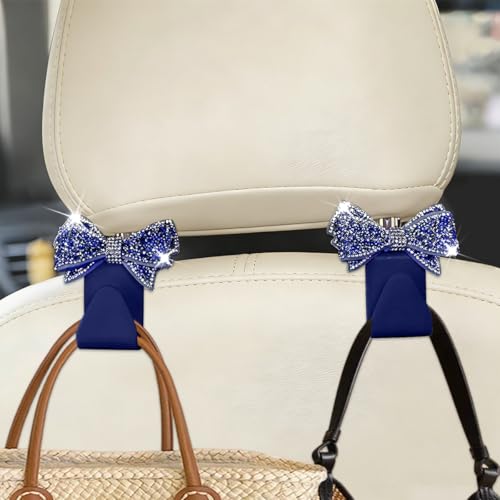 Zpana Bling Car Headreat Hook, 2PCS Crystal Rhinestone Cute Bow Vehicle Seat Back Hanger Storage for Purses Bags Grocery, Diamond Auto Rear Seat Organizer, Universal for SUV Truck Sedan (Blue) - style: Blue/2PCS