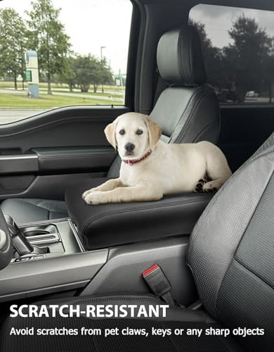 Center Console Cover for 2021-2026 Ford F150 Accessories, Vinyl Leather Middle Armrest Cusion Protector, Anti-Scratch, Bucket Seat Only(not for Work Station) - size: Bucket Seat, 2021-2026 F150, black stitch