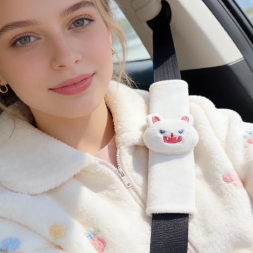 2 PCS Seat Belt Cover Pad, Cute Kawaii Animal Cat Seatbelt Covers for Kids, Soft Seatbelt Cushion, Car Seat Strap Pads (White) - color: White