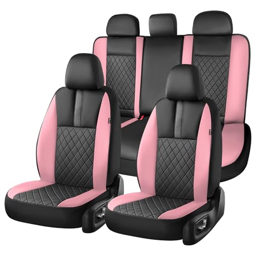 Coverado Car Seat Covers Full Set, Automotive Leather Seat Covers for Car，Universal Fit Front Back Seat Cover, Non-Slip Waterproof Breathable Car Seat Protector - color: BlackPink, size: Fullset