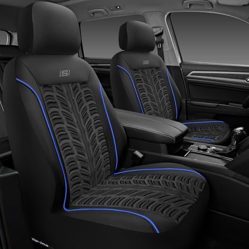 Skechers Slip-Ins Seat Covers, Memory Foam 3D Tyre Embossed Leather Car Seat Covers Front Seats Airbag Compatible, Universal Automotive Comfort for Most Cars, Vans, Trucks, SUV,Blue - color: Black and Blue, size: Two Front