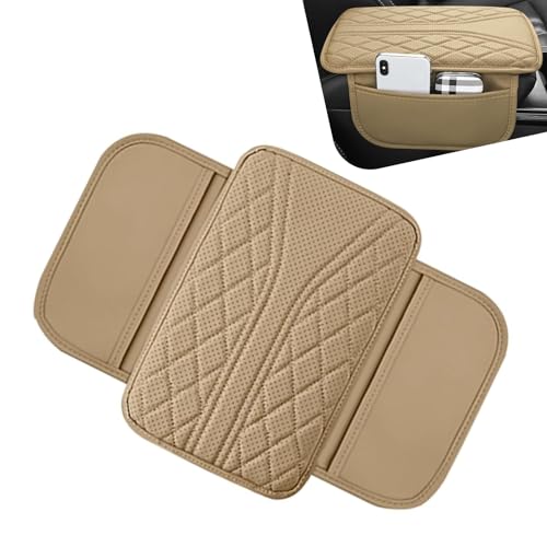 Car Center Console Cover, Leather Auto Armrest Cover, Breathable Waterproof Car Armrest Cushion Cover Pad with 2 Side Storage Bags, Universal Auto Interior Accessory for Most Sedans(Beige) - color: Beige