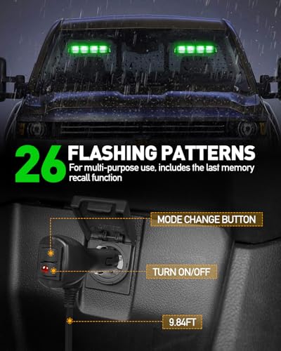 HLauto 2002L Emergency Dash Strobe Lights: Green Safety Lights, Flashing Warning Hazard Windshield Visor Traffic Light Bars for Trucks, Construction Vehicles (2x8.5 inch, 48LED) - color: Green
