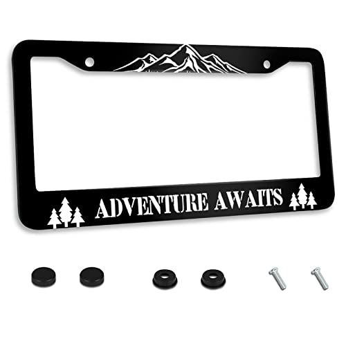 Adventure Awaits License Plate Frame Mountains License Plate Frame Funny Stainless Steel for Car License Plate Accessory Decorative 2 Holes and Screws Fits US Standard License Plates 12.2 x 6.3 - color: Adventure Awaits, size: One size
