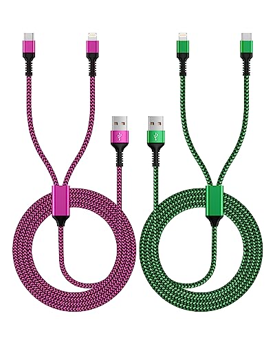 [2-in-1|4FT] USB to Lightning & Type C Charging Cable, 2Pack Braided Multiple Charger Cord Fast Charging Wire for iPhone 17/16/15/14/13/12/11 Pro Max, XR/8 Plus, iPad Air/Mini, Samsung Galaxy, Pixel - color: Green, Pink