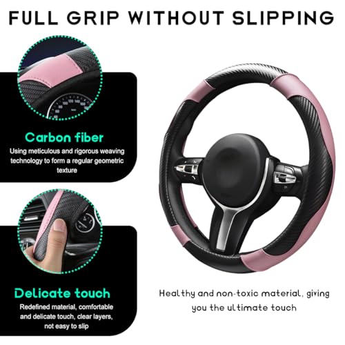 Car Steering Wheel Cover, 15 inch Carbon Fiber Microfiber Leather Elastic Steering Wheel Protector, Breathable Anti-Slip Comfortable Steering Wheel Covers for Most Cars (Black&Pink) - color: Black&Pink